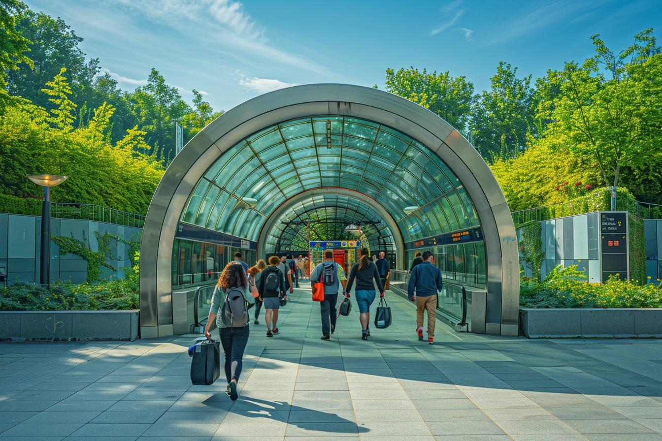Passage vitr&eacute; abritant des voyageurs avec bagages dans un parc arbor&eacute;