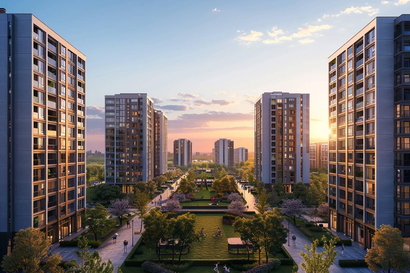 Vue panoramique sur un quartier r&eacute;sidentiel moderne au coucher de soleil