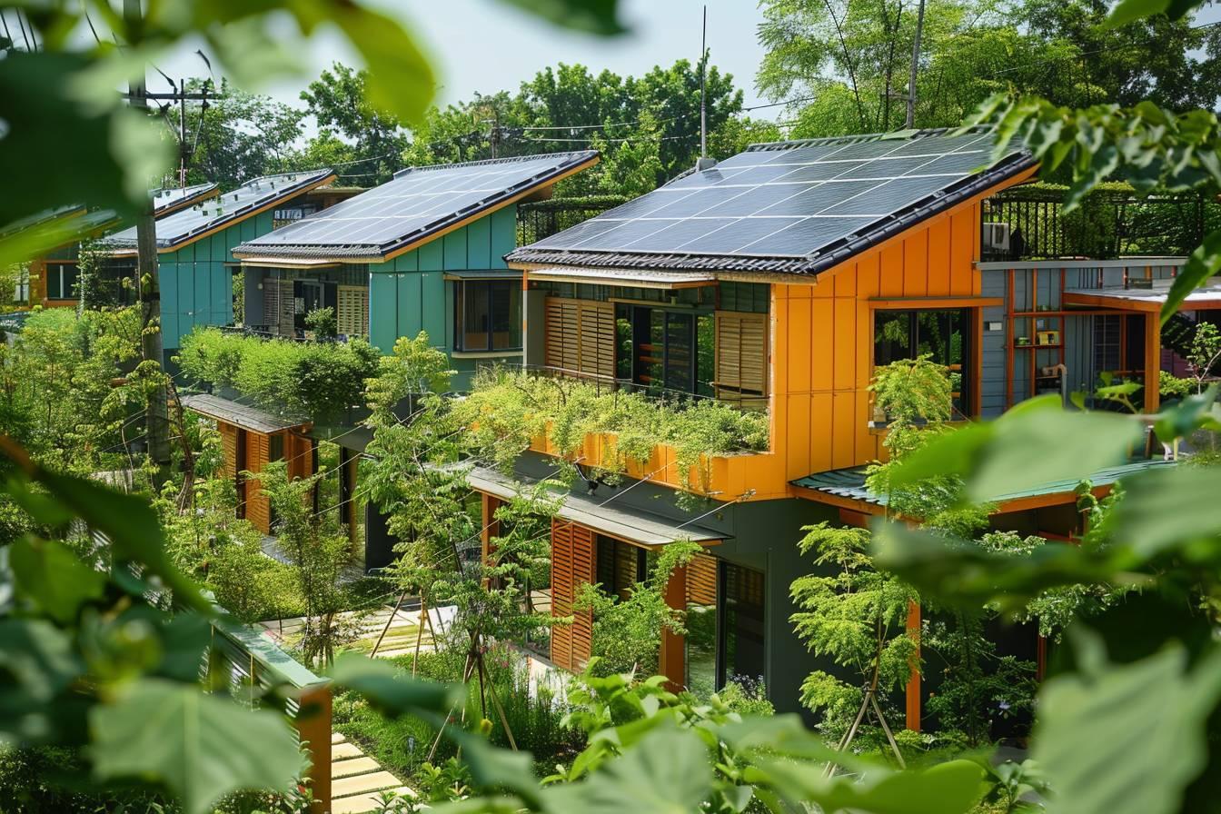 Petites maisons color&eacute;es entour&eacute;es de verdure avec panneaux solaires
