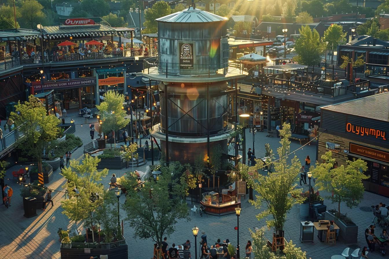 Sc&egrave;ne urbaine anim&eacute;e avec restaurants, boutiques et grande tour 