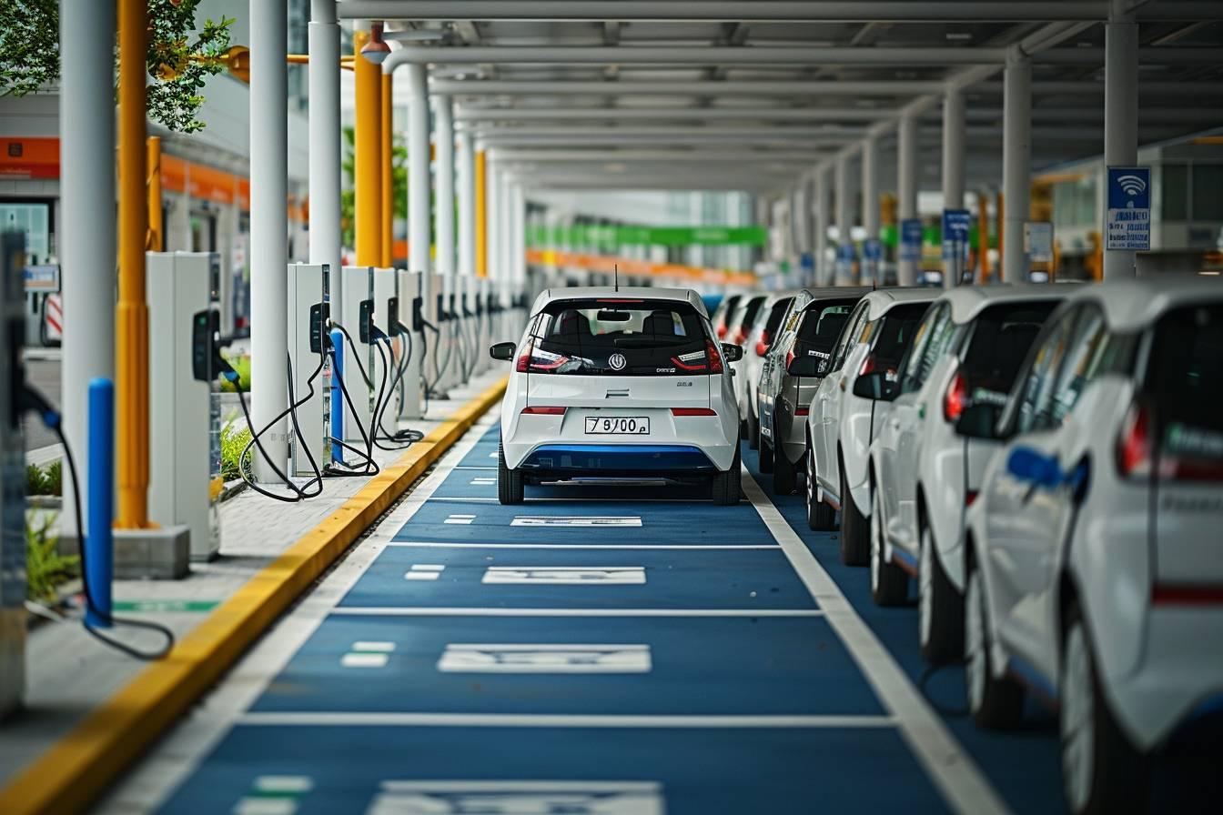 Rang&eacute;e de v&eacute;hicules &eacute;lectriques en charge dans un parking couvert