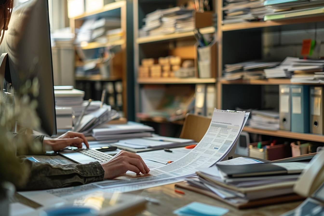 Bureau de travail d&eacute;sordonn&eacute; avec ordinateur, papiers et classeurs.