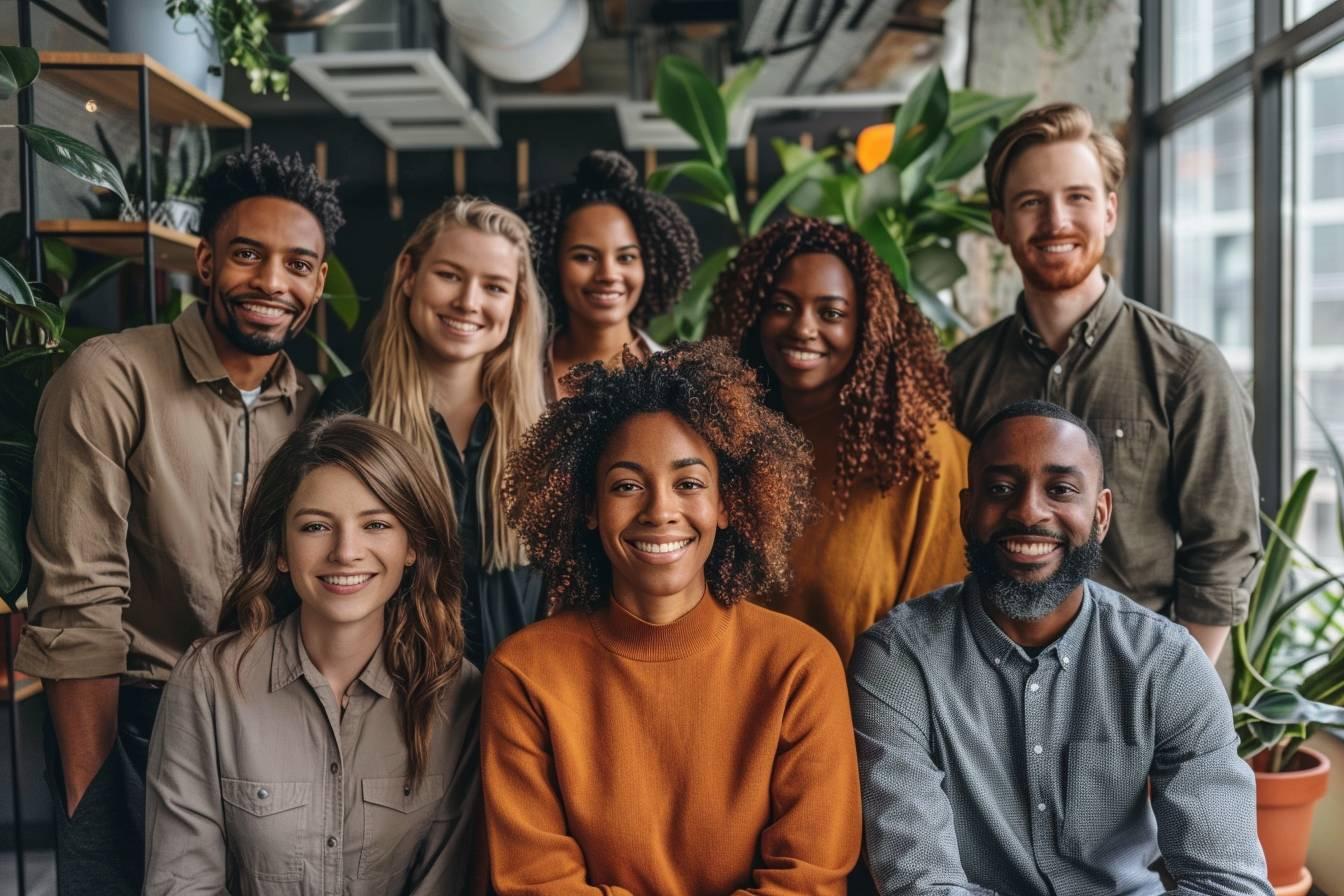 Image de groupe de coll&egrave;gues souriants avec diff&eacute;rents types de cheveux et de peau.