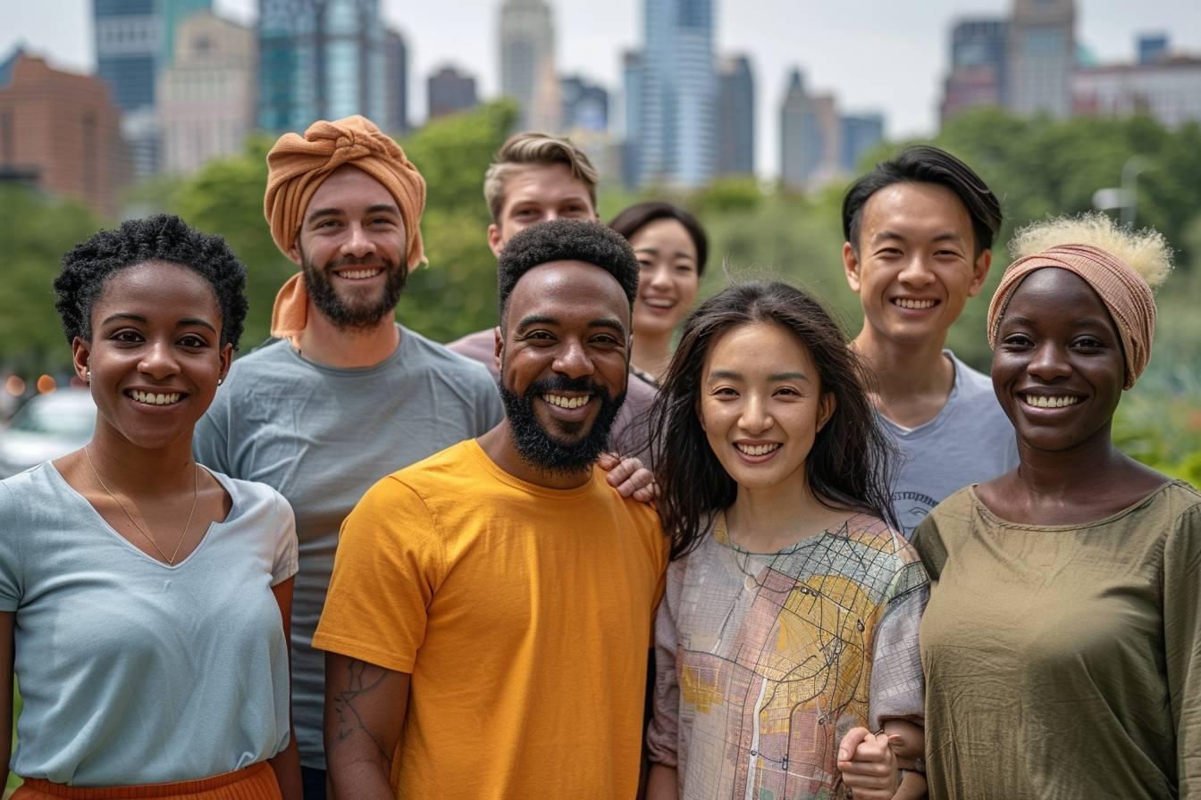 Groupe de personnes souriantes de diff&eacute;rentes origines, devant un paysage urbain