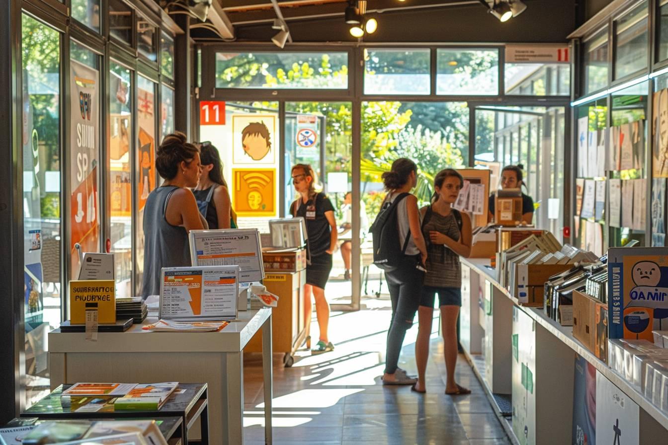 Int&eacute;rieur d'une librairie, avec des clients et des &eacute;tag&egrave;res de livres.
