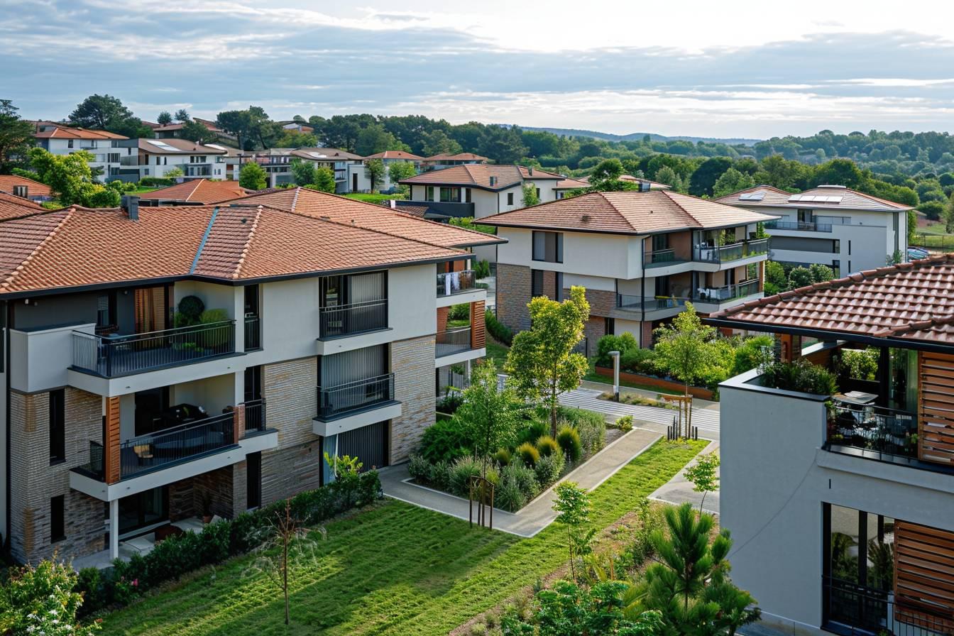 Vue a&eacute;rienne de r&eacute;sidences modernes entour&eacute;es de nature