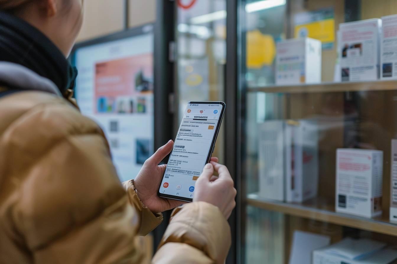 Personne utilisant un t&eacute;l&eacute;phone intelligent dans un environnement de bureau
