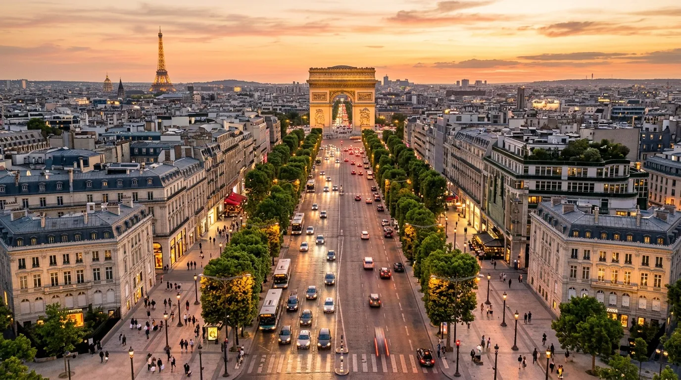 Vue aérienne des Champs-Élysées avec Arc de Triomphe illuminé