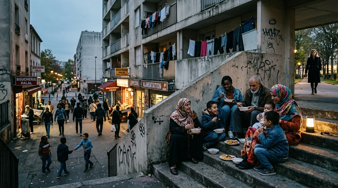 Famille partageant un repas sur les escaliers d'un immeuble urbain