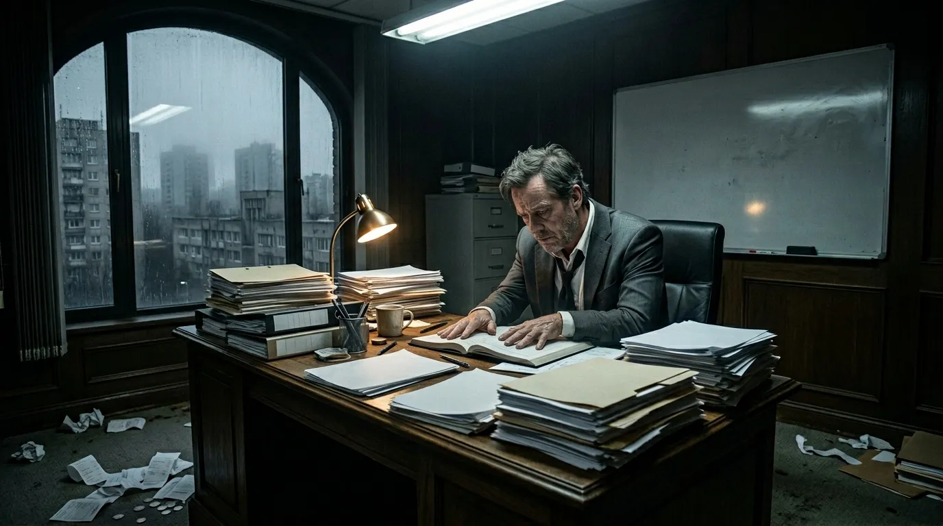 Homme en costume lisant des documents dans un bureau sombre