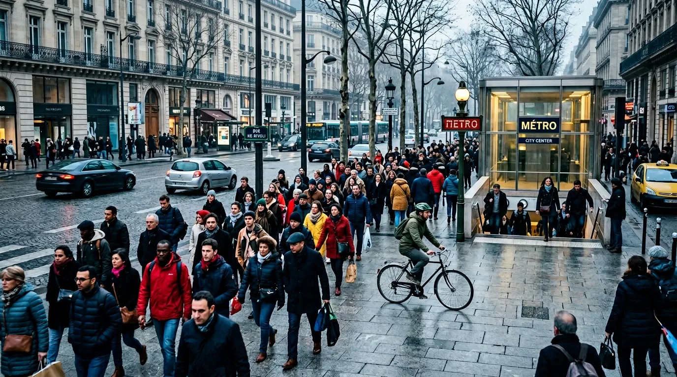 Foule de piétons et cycliste devant station métro parisienne