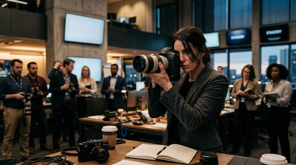 Femme photographe présente un appareil photo à un public attentif
