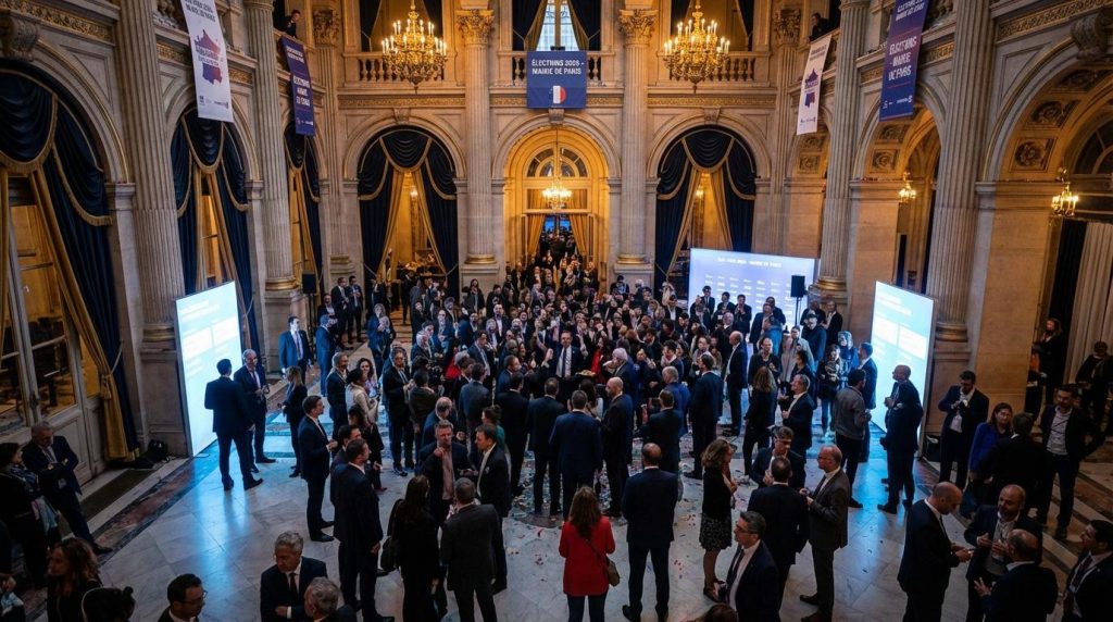 Foule en tenue formelle dans un hall majestueux avec colonnes dorées